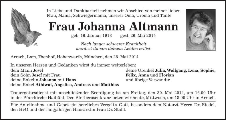Traueranzeige Johanna Altmann