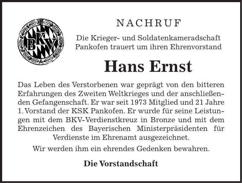 Traueranzeige Hans Ernst