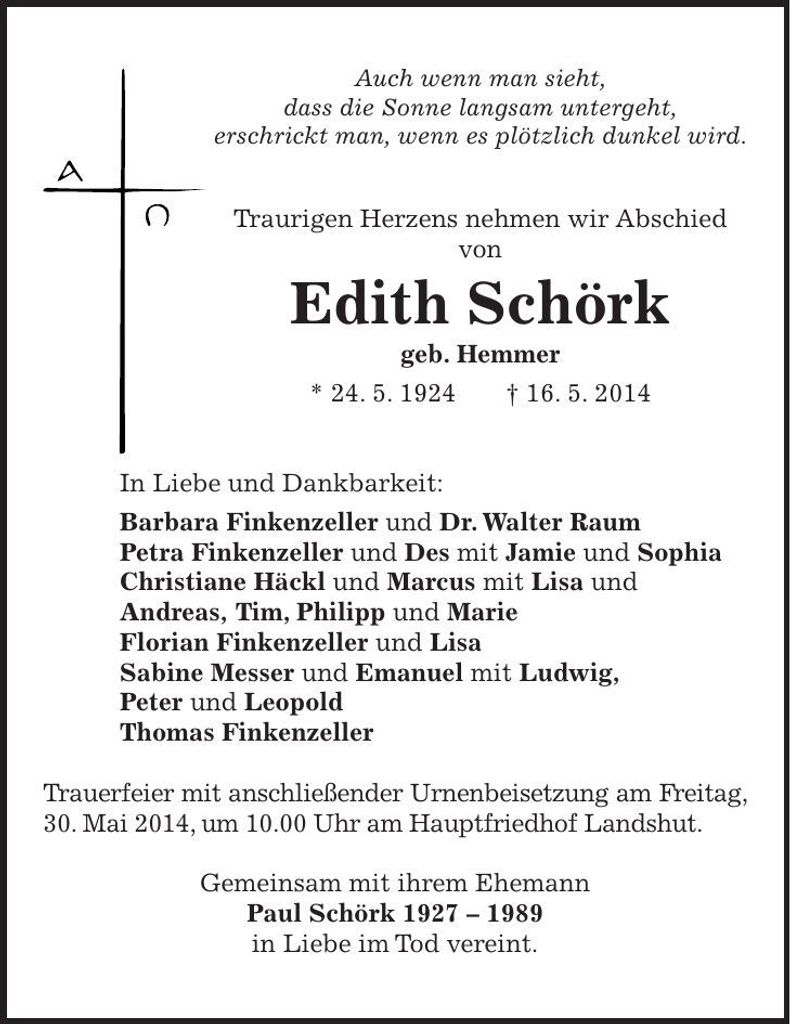 Traueranzeige Edith Schörk