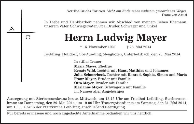 Traueranzeige Ludwig Mayer
