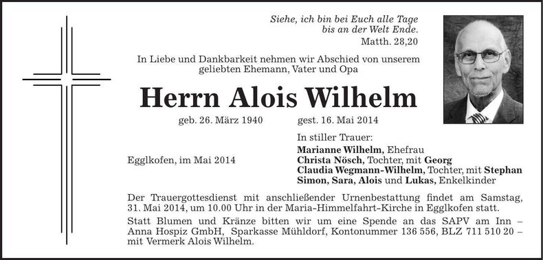 Traueranzeige Alois Wilhelm