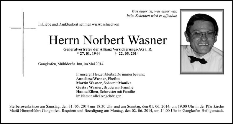 Traueranzeige Norbert Wasner