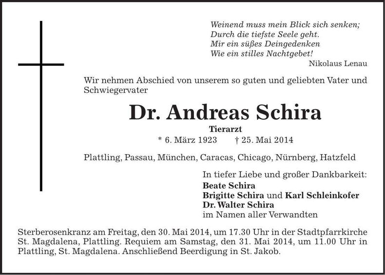 Traueranzeige Dr. Andreas Schira