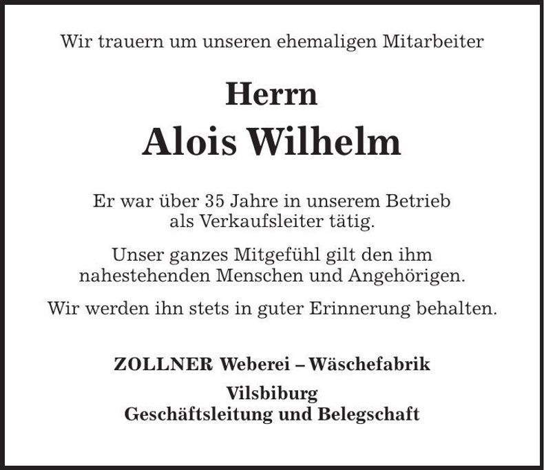 Traueranzeige Alois Wilhelm