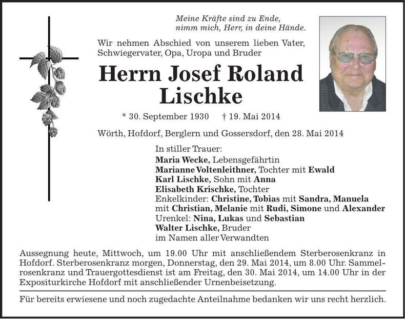 Traueranzeige Josef Roland Lischke