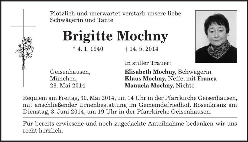 Traueranzeige Brigitte Mochny