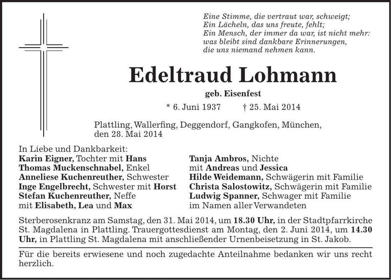 Traueranzeige Edeltraud Lohmann