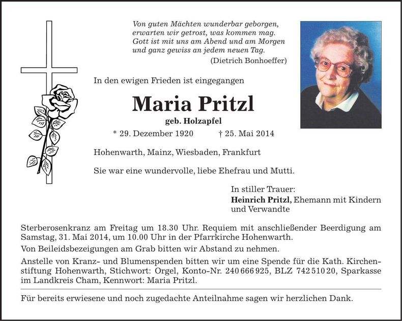 Traueranzeige Maria Pritzl