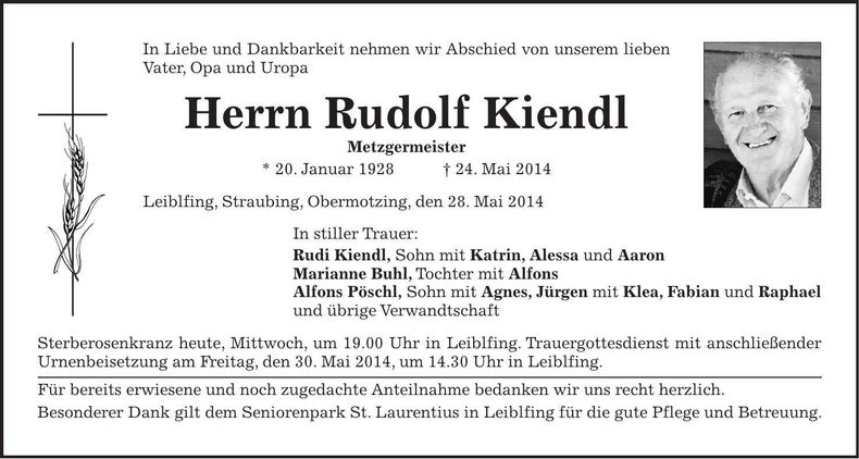 Traueranzeige Rudolf Kiendl