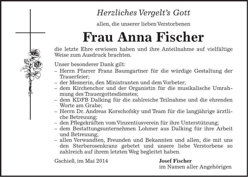Traueranzeige Anna Fischer