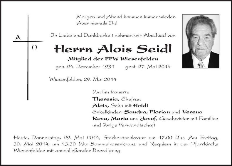 Traueranzeige Alois Seidl