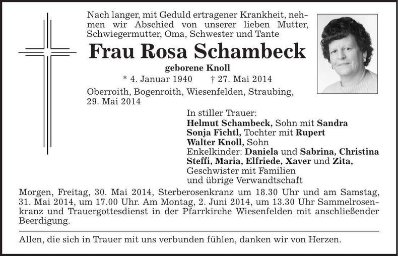 Traueranzeige Rosa Schambeck