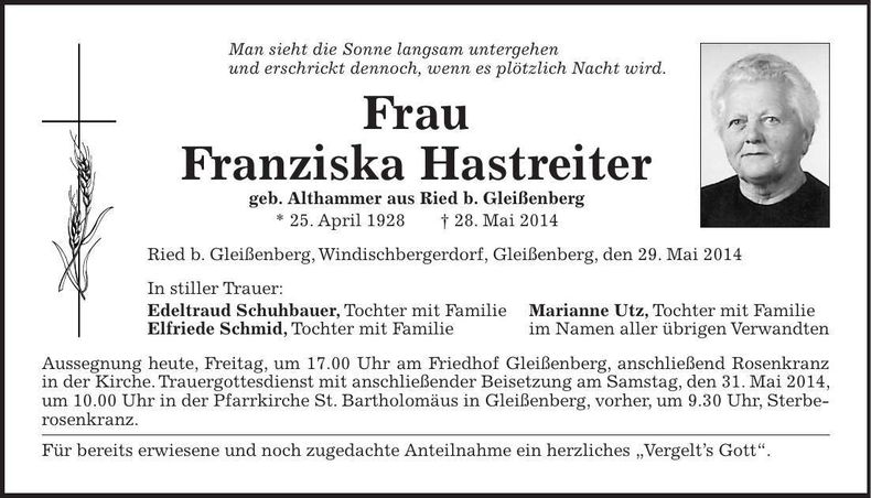 Traueranzeige Franziska Hastreiter