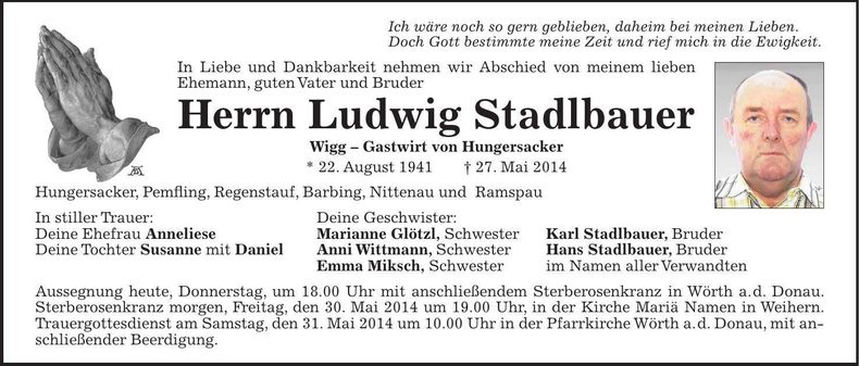 Traueranzeige Ludwig Stadlbauer
