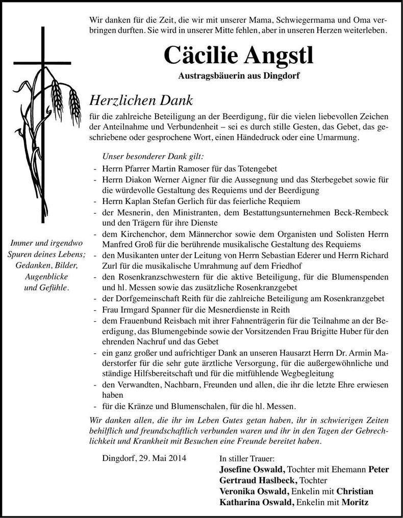 Traueranzeige Cäcilie Angstl