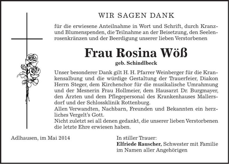 Traueranzeige Rosina Wöß