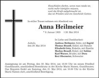 Traueranzeige Anna Heilmeier