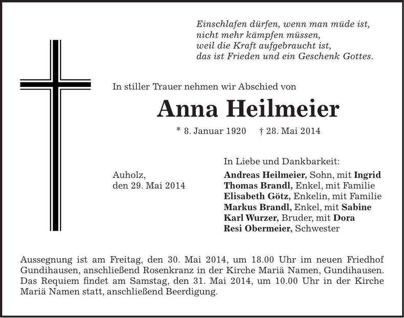 Traueranzeige Anna Heilmeier