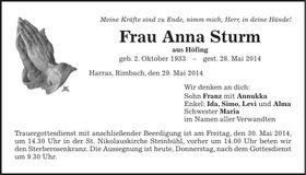 Traueranzeige Anna Sturm