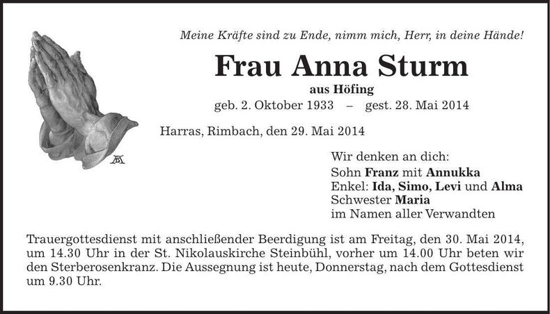 Traueranzeige Anna Sturm