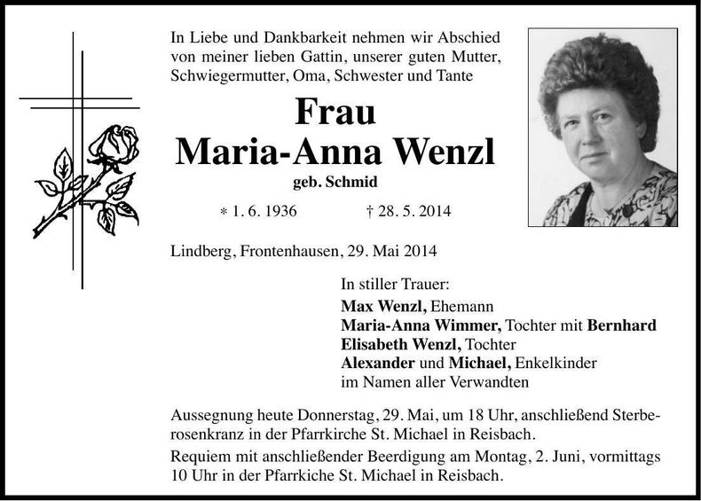 Traueranzeige Maria-Anna Wenzl