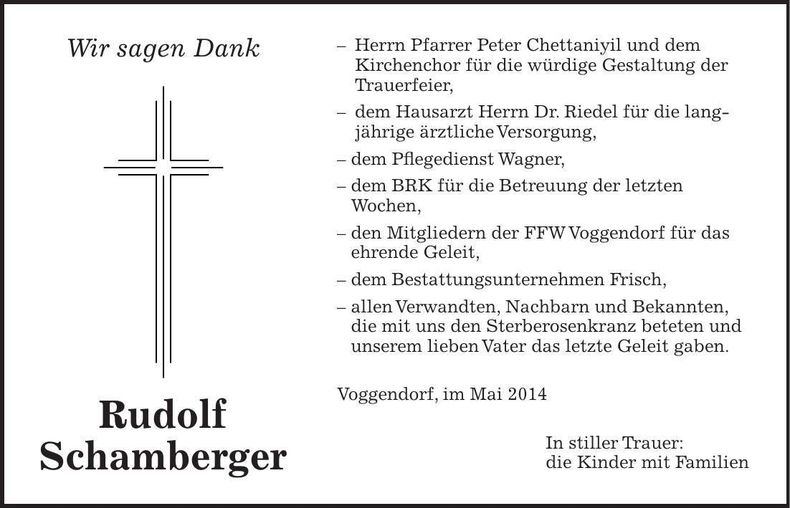Traueranzeige Rudolf Schamberger