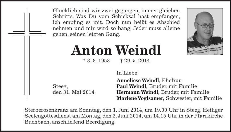 Traueranzeige Anton Weindl