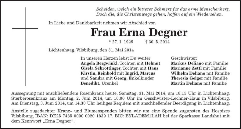 Traueranzeige Erna Degner