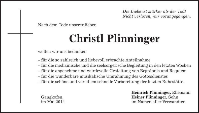 Traueranzeige Christl Plinninger