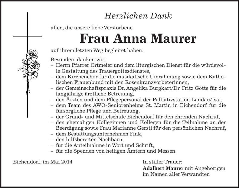 Traueranzeige Anna Maurer