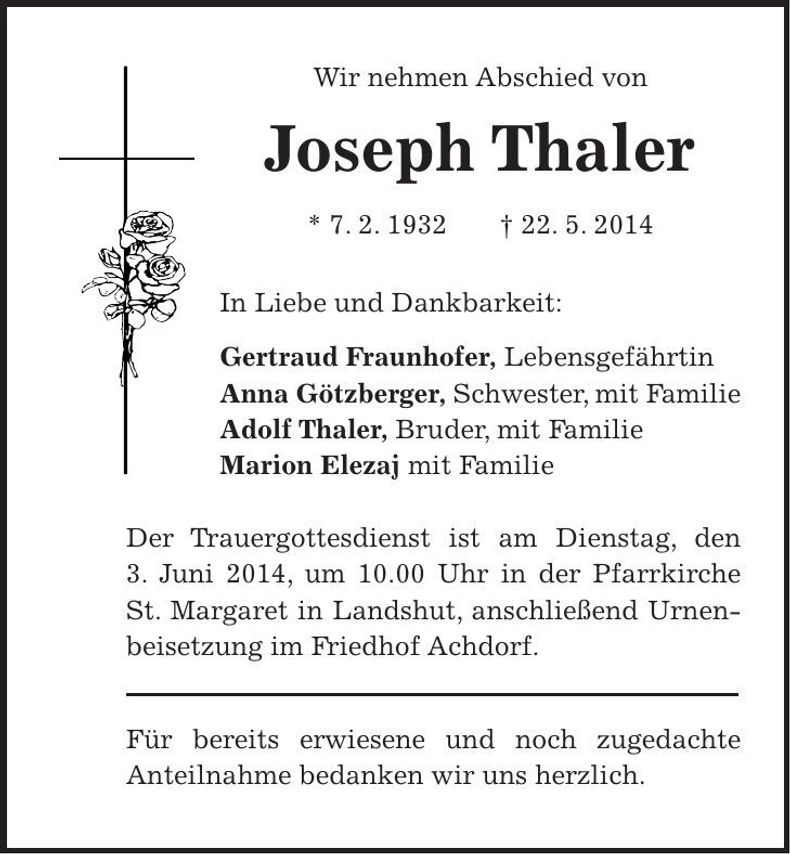 Traueranzeige Joseph Thaler