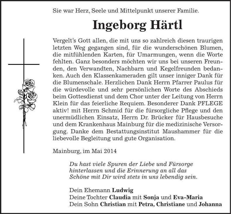 Traueranzeige Ingeborg Härtl