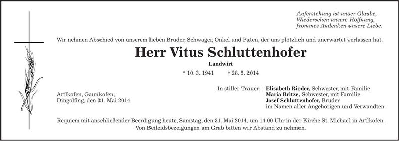 Traueranzeige Vitus Schluttenhofer