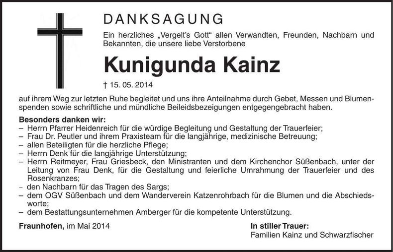 Traueranzeige Kunigunde Kainz