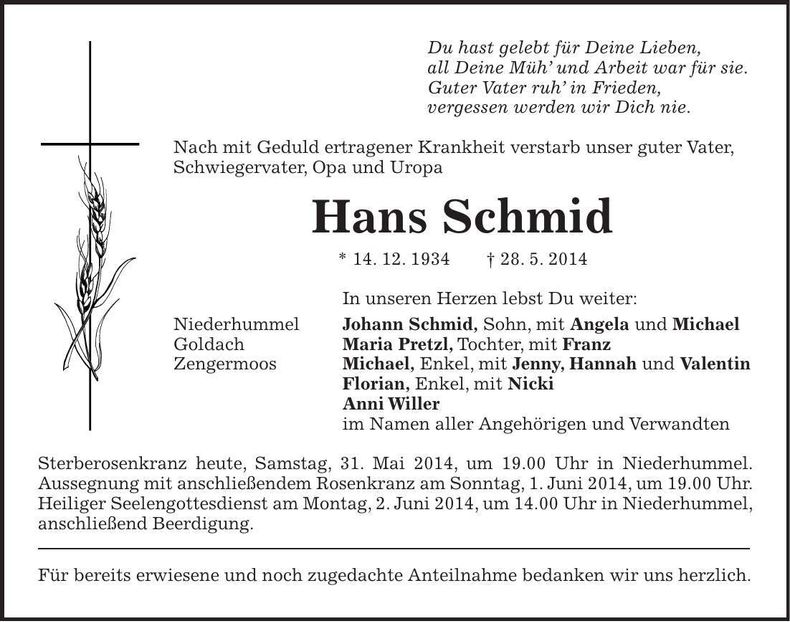 Traueranzeige Hans Schmid
