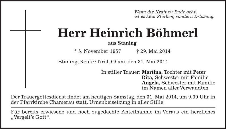 Traueranzeige Heinrich Böhmerl