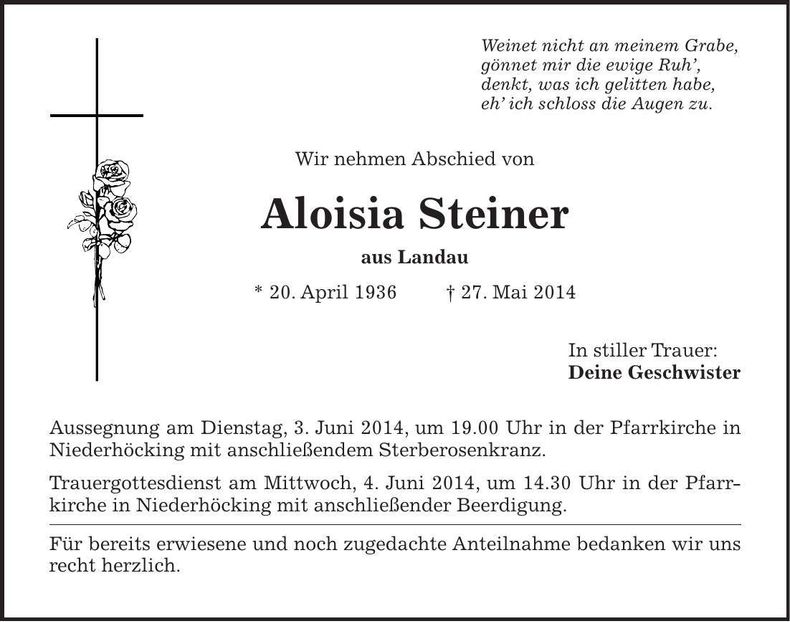 Traueranzeige Aloisia Steiner