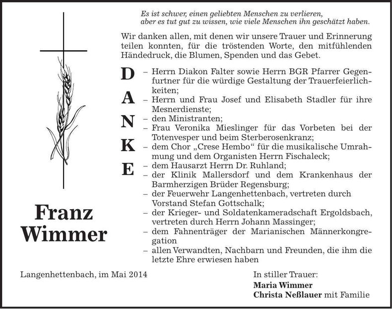 Traueranzeige Franz Wimmer