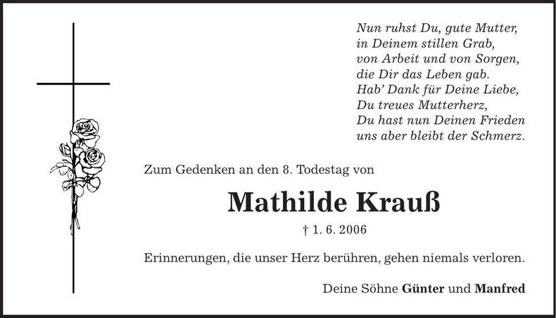 Traueranzeige Mathilde Krauß