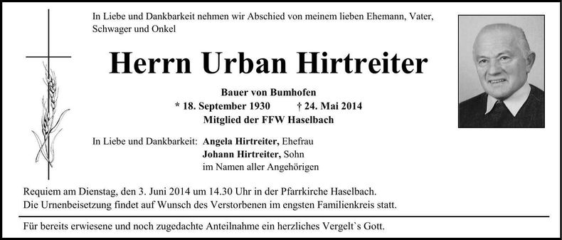 Traueranzeige Urban Hirtreiter