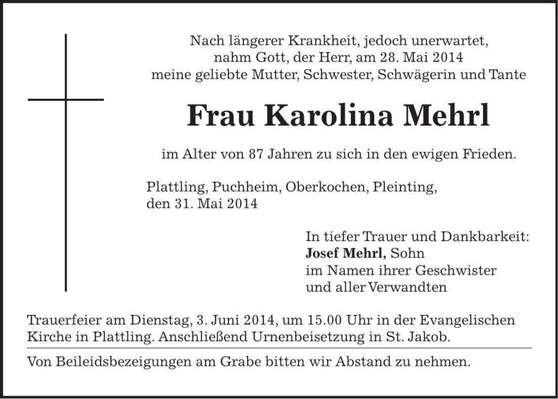 Traueranzeige Karolina Mehrl