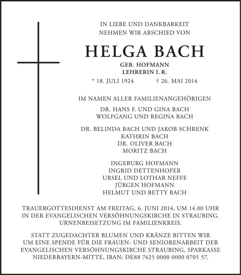 Traueranzeige Helga Bach