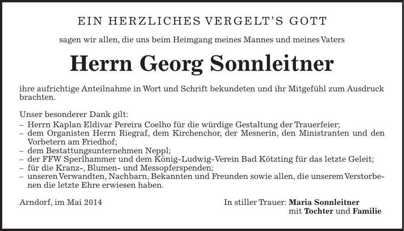 Traueranzeige Georg Sonnleitner