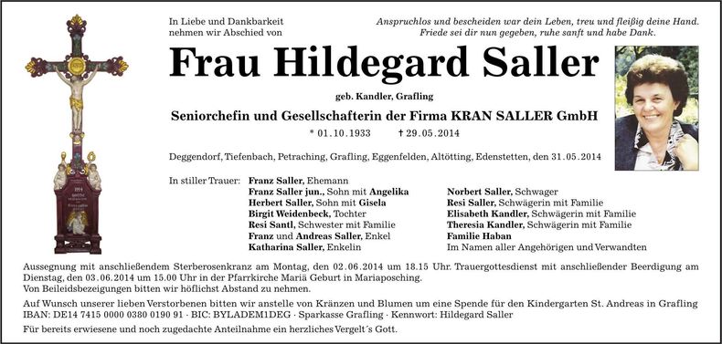 Traueranzeige Hildegard Saller