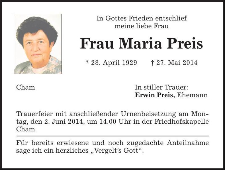 Traueranzeige Maria Preis