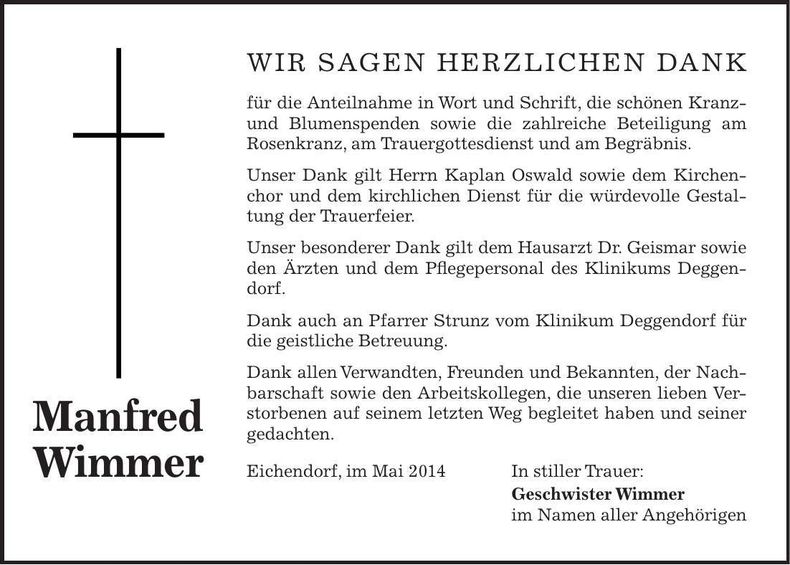 Traueranzeige Manfred Wimmer