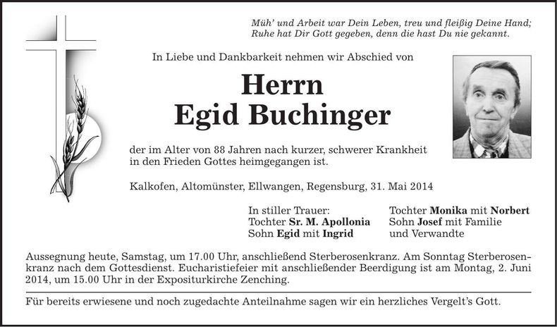 Traueranzeige Egid Buchinger