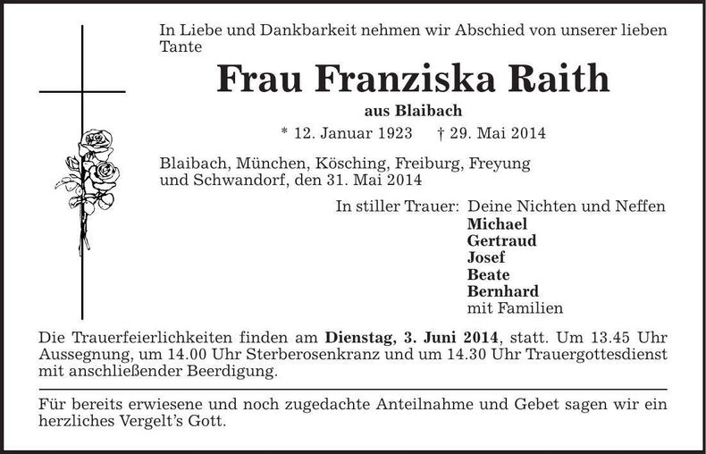 Traueranzeige Franziska Raith