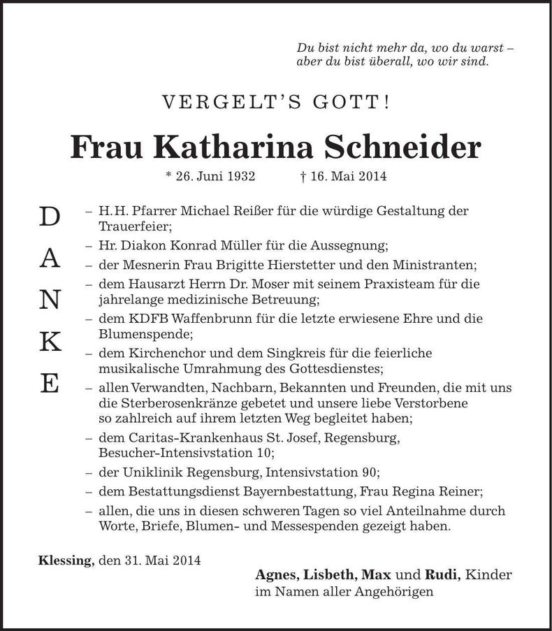 Traueranzeige Katharina Schneider