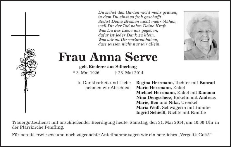 Traueranzeige Anna Serve